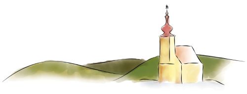 Illustration der Kirche von Donnerskirchen vor Hügeln